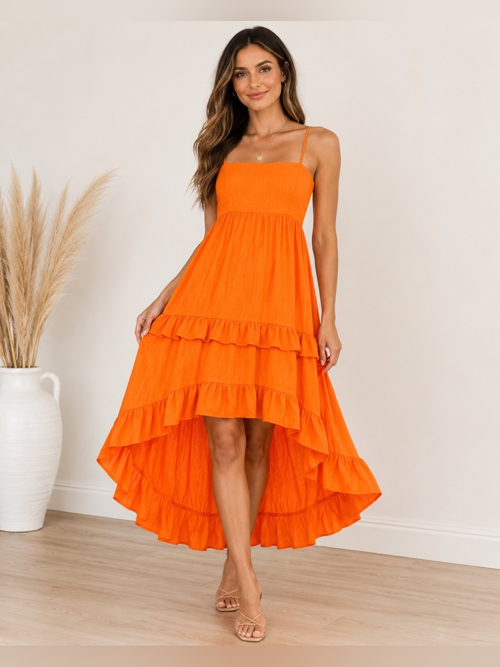 Trixxi Orange Ruffle Tiered Midi Dress Size M Boho Summer Vacation Sundress
